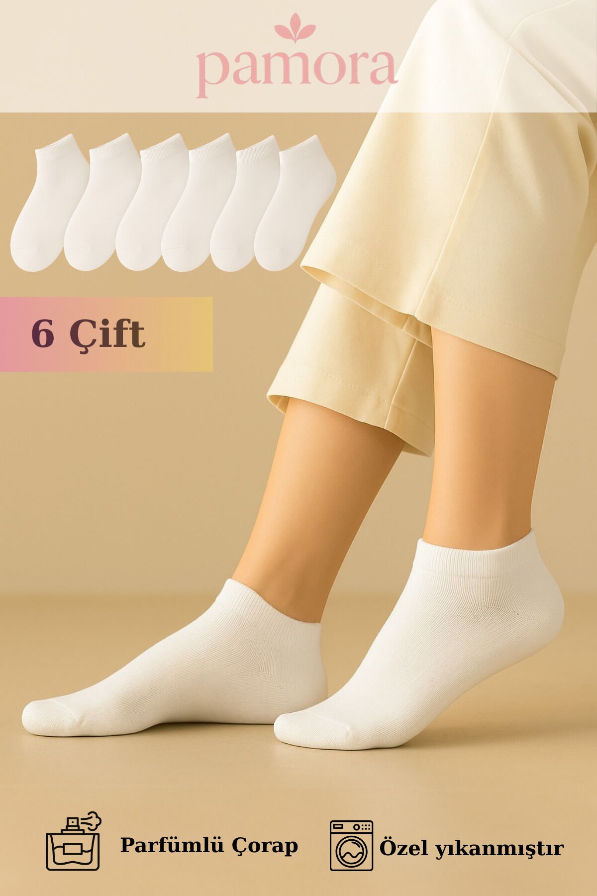 6 Çift Beyaz Pamuklu Kadın Çorap - Bilek Çorap