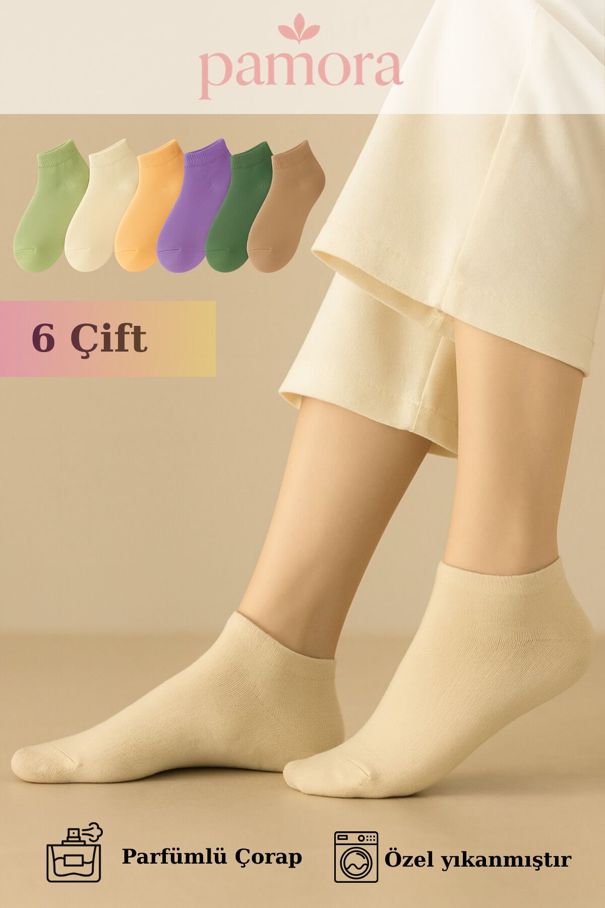 6 Çift Pamuklu Kadın Çorap Pastel Renkli - Bilek Çorap Rekli Kombin