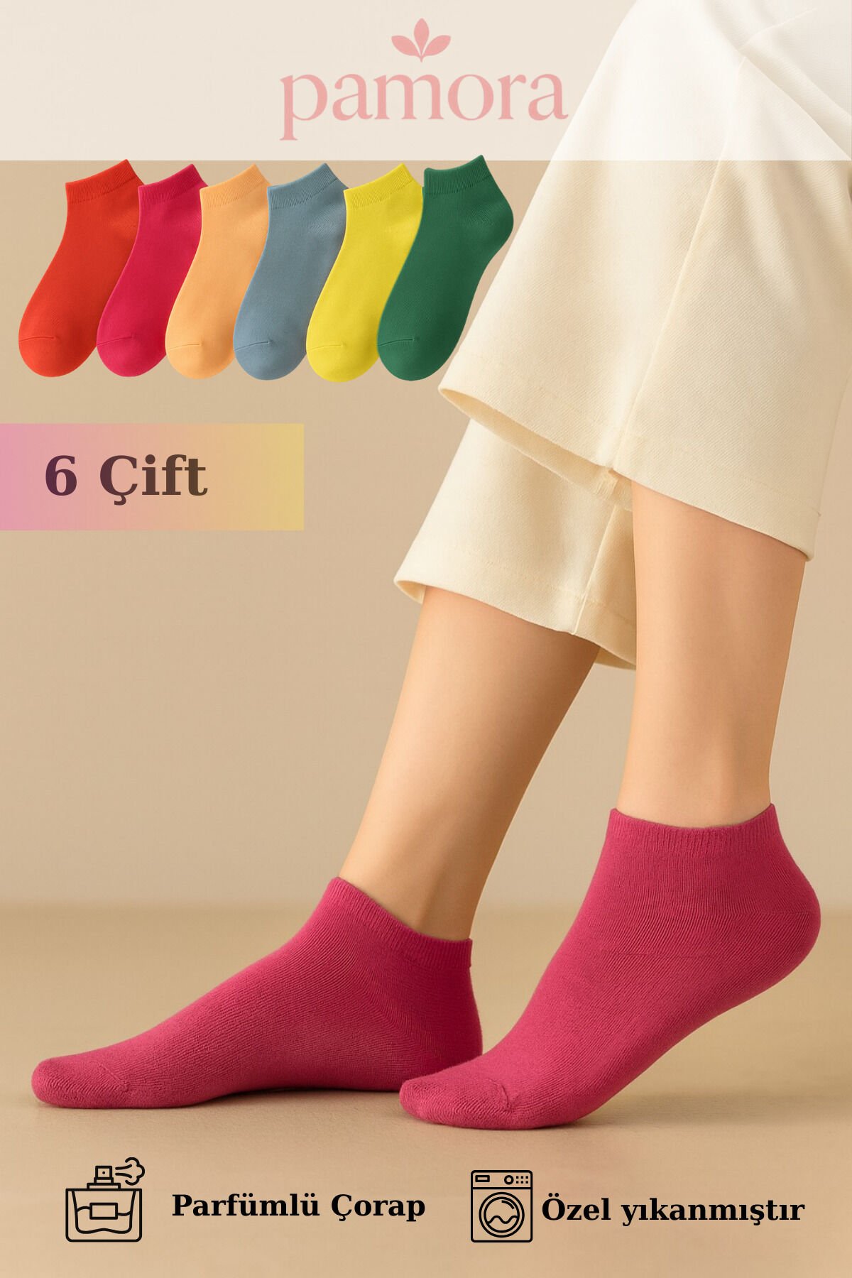 6 Çift Pamuklu Kadın Çorap Pastel Renkli - Bilek Çorap