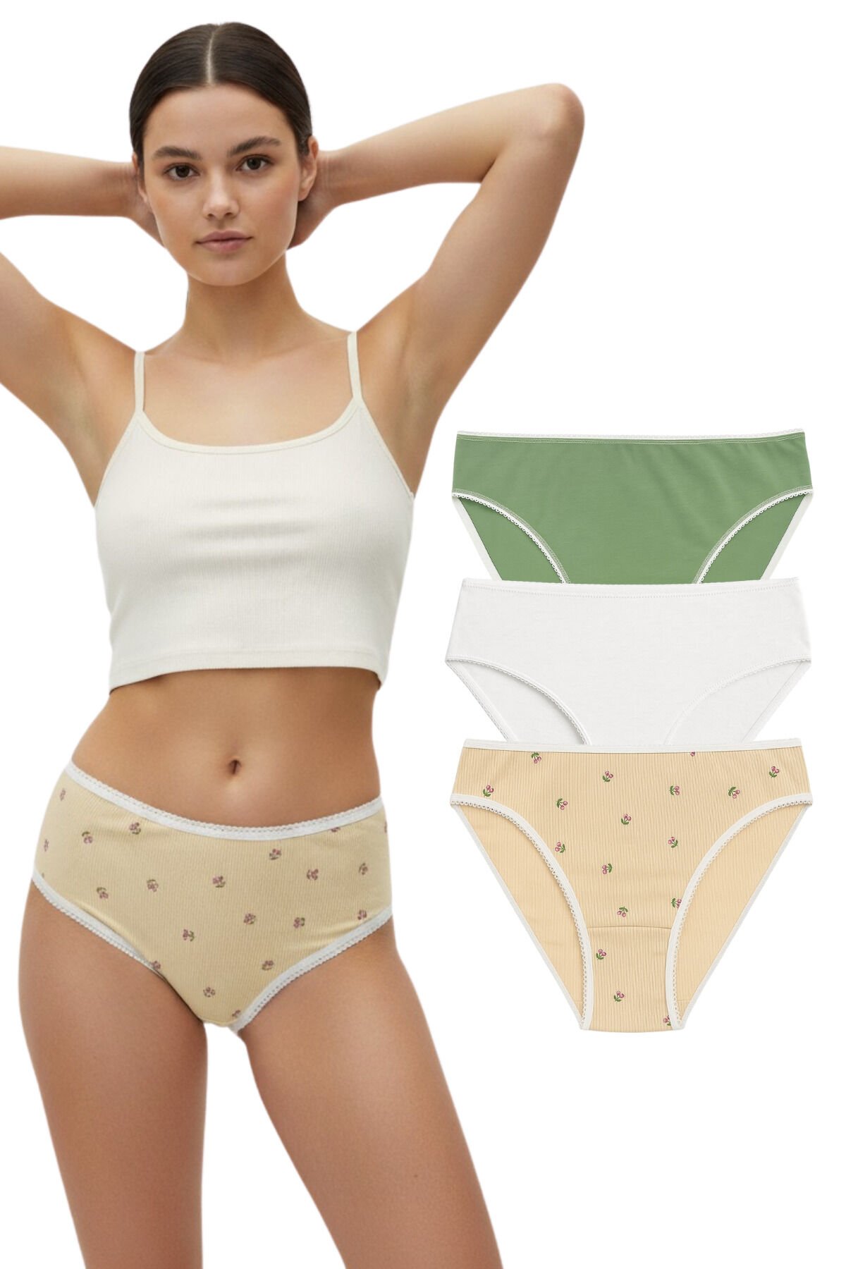 3'lü Paket Pamuklu Büyük Beden Kadın Külot Bato XL - Yeşilkombin