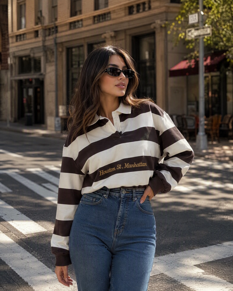 Manhattan Çizgili Polo Yaka Sweatshirt