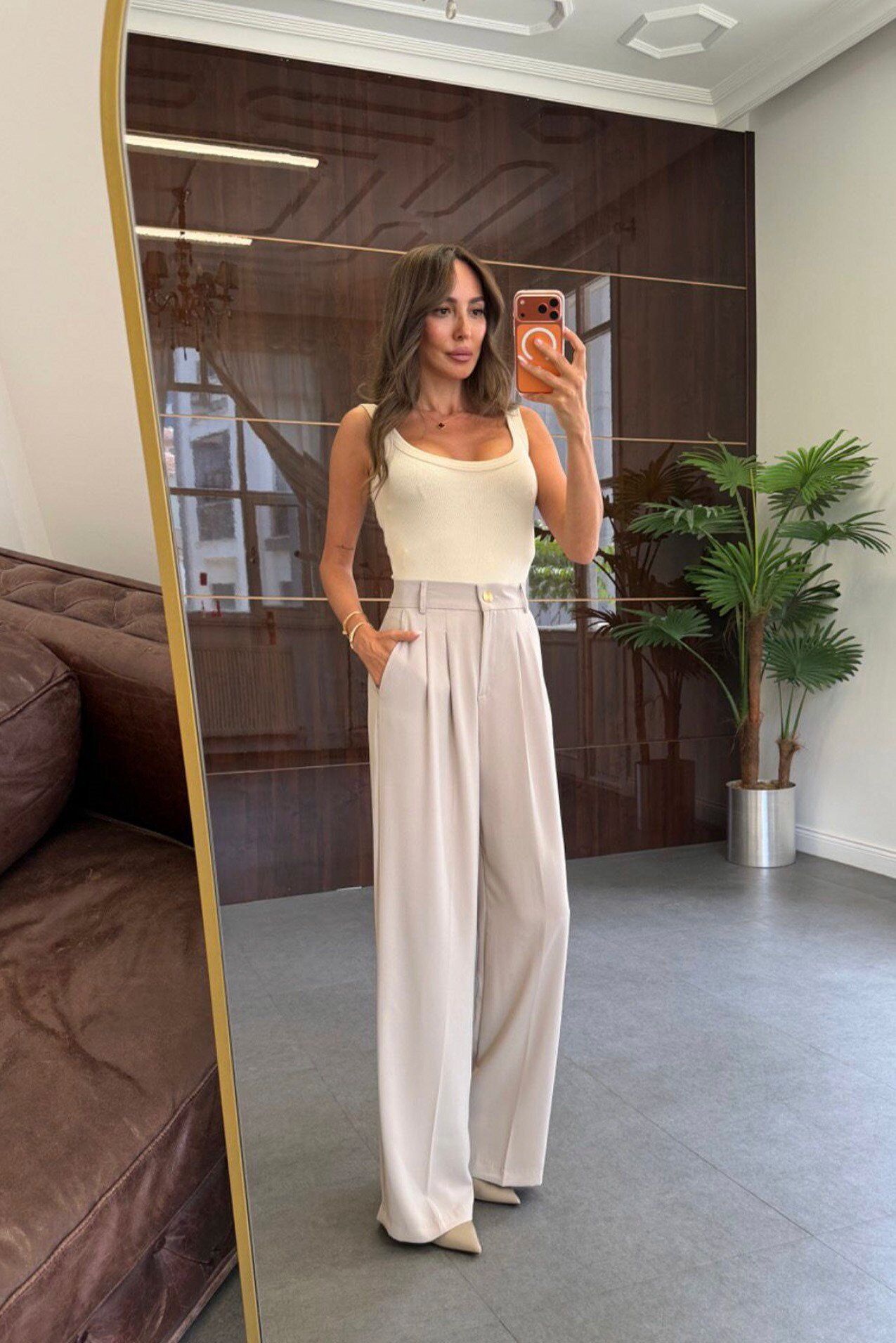 51078 Pileli Palazzo Pantolon Krem - XL