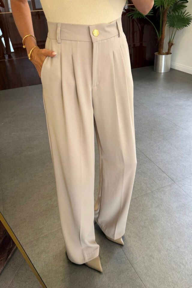 51078 Pileli Palazzo Pantolon Krem - XL