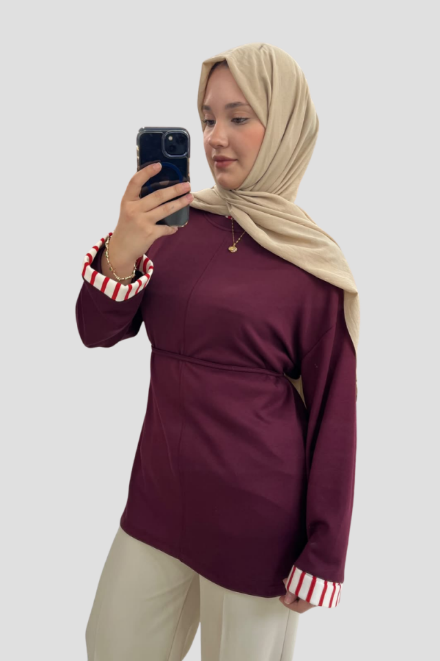 Çizgili Kol Detaylı Kuşaklı Tunik