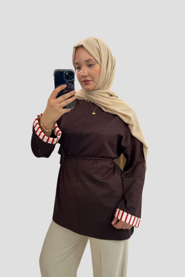 Çizgili Kol Detaylı Kuşaklı Tunik