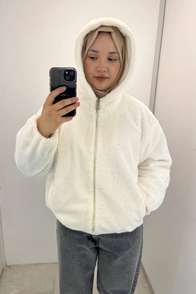 Kapüşonlu Fermuarlı Peluş Mont